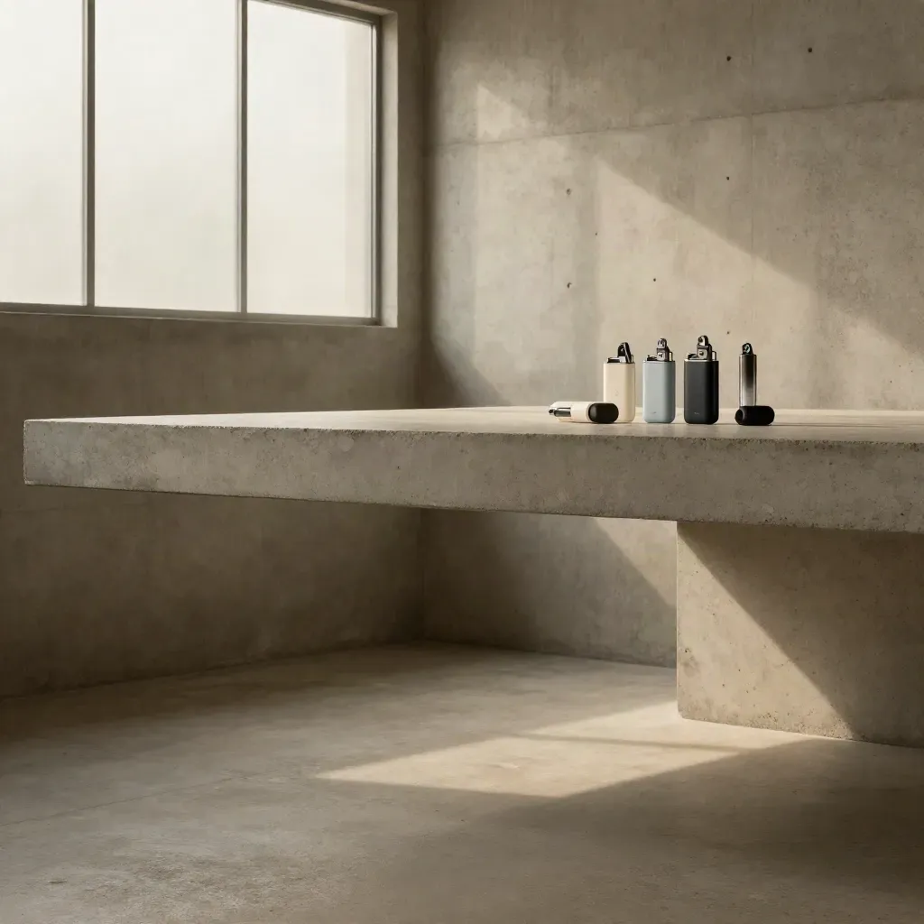 Minimal concrete arcade with frosted glass and sleek vape devices on a high ledge.
