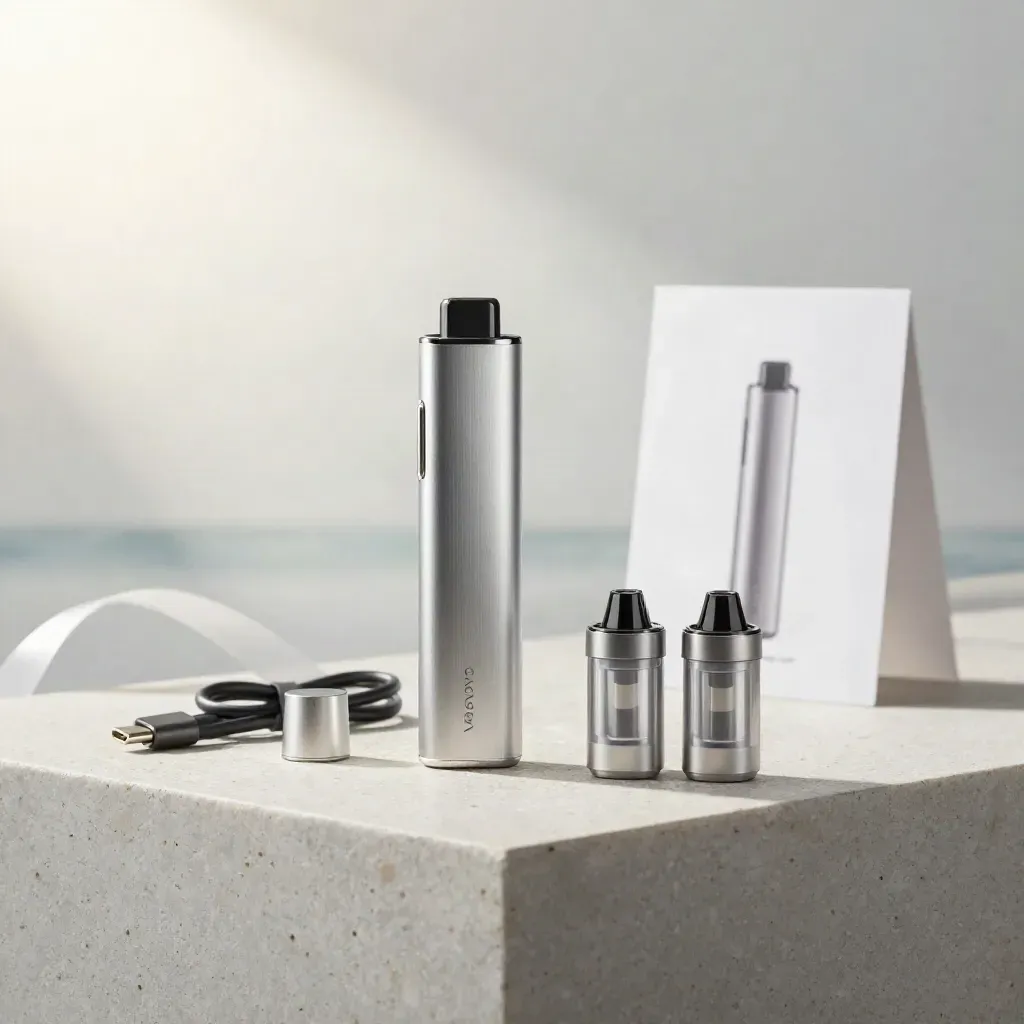 Brushed silver vape kit with open pods and cable on pale stone in soft misty studio light.