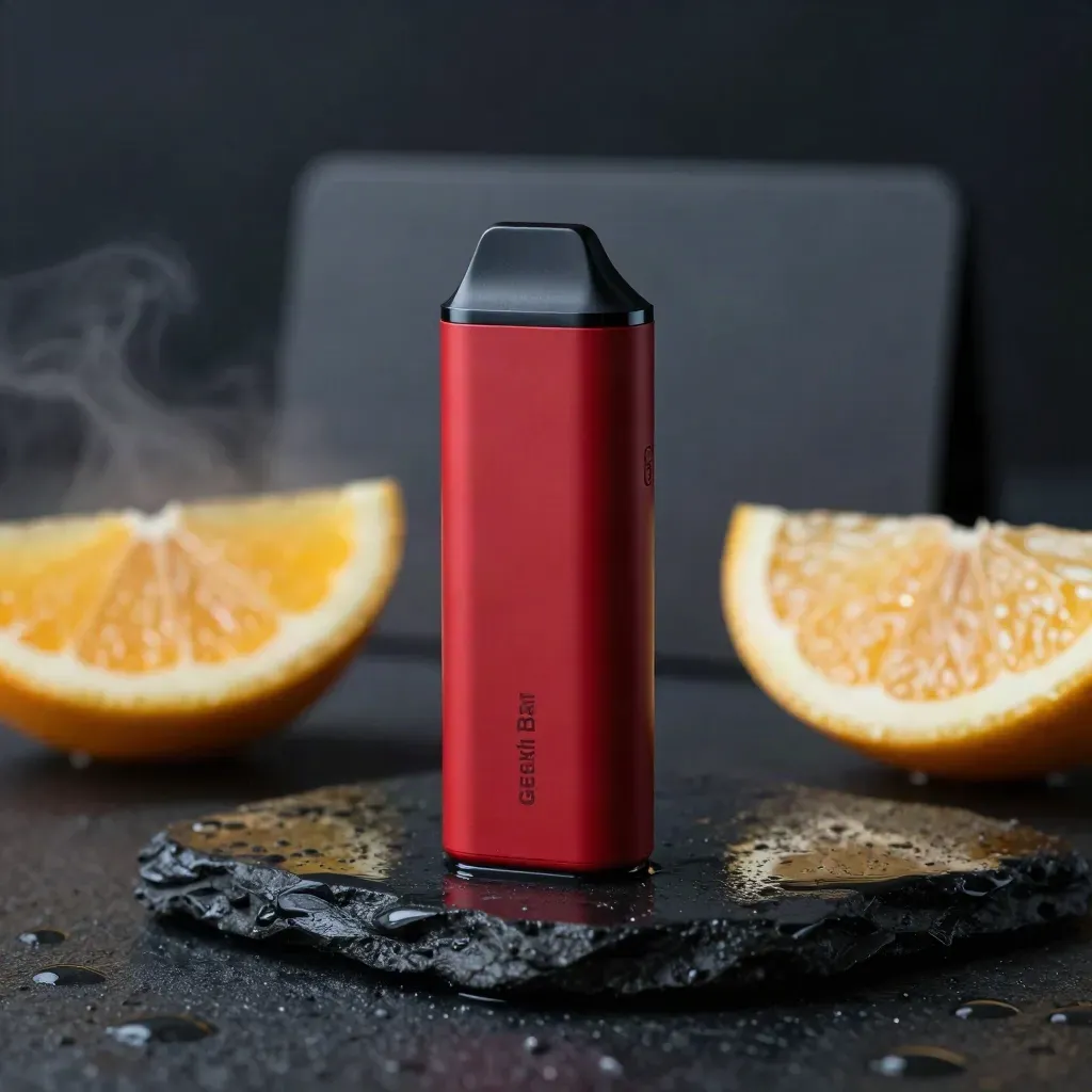 Red disposable vape with citrus slices and moisture on dark wet stone.