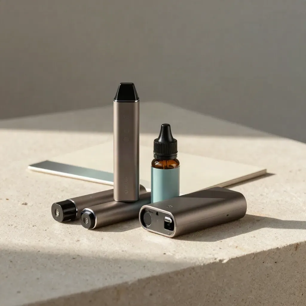 Refillable vape kit, pods, nic salt and charger stacked on pale stone with soft vapor