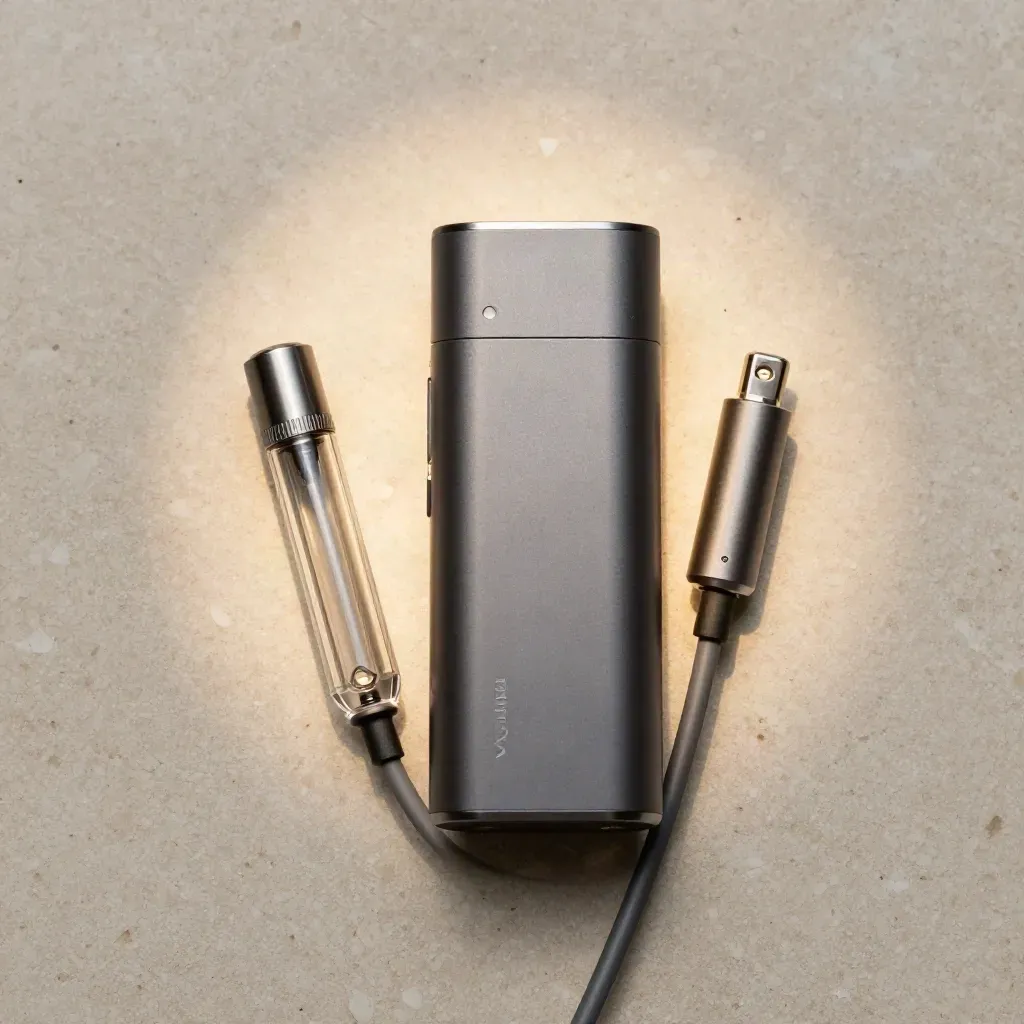 Gunmetal vape kit with clear pods on travertine in soft overhead light.