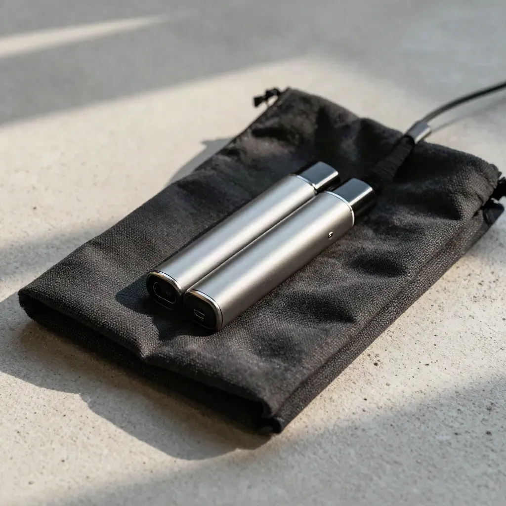 Silver vape pod kit with two pods and a charging lead nestled in charcoal fabric.