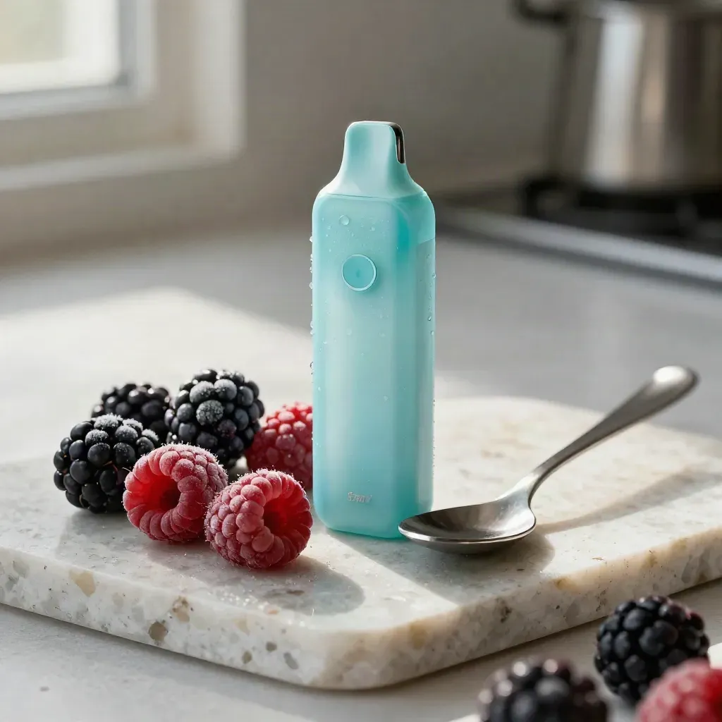 Cyan vape beside frosted berries and a chilled spoon on pale stone.