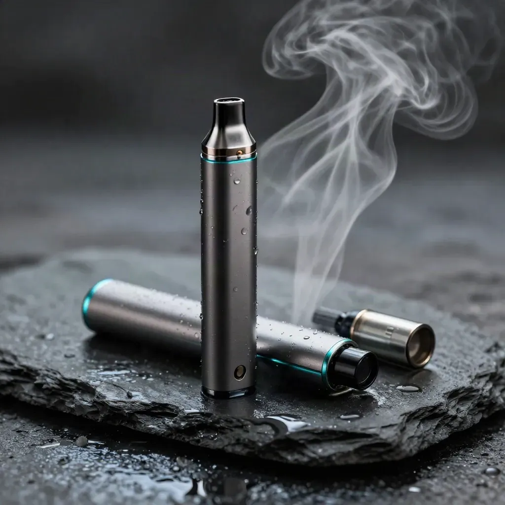 Unbranded vape device with two capsules on wet slate, crossed by vapor
