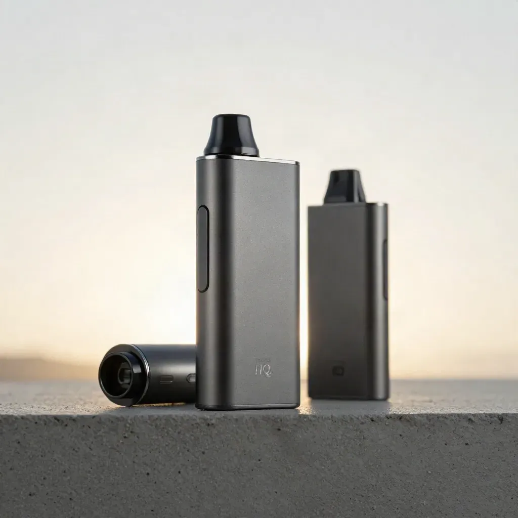 Graphite vape device with spare pod on brushed concrete, softly lit with smoke
