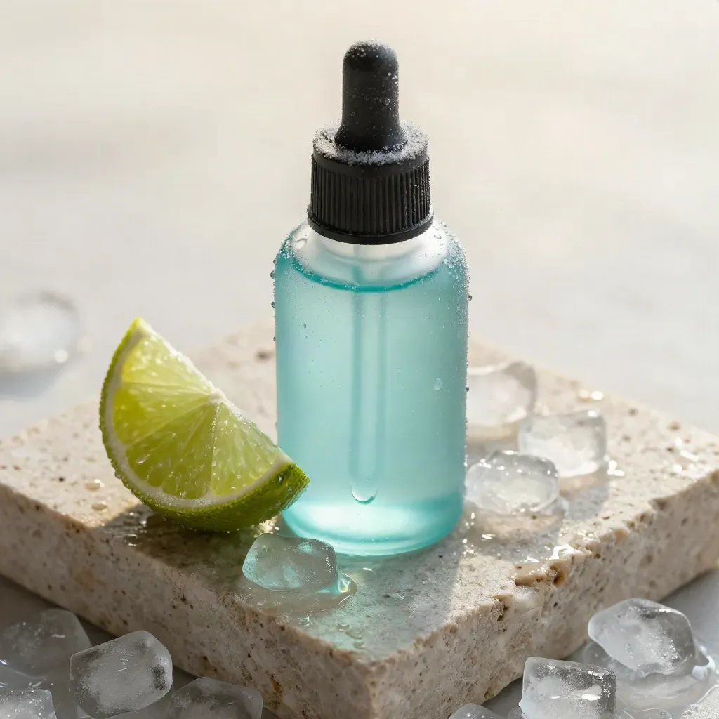 Frosted vape bottle on pale stone with lime wedge, ice chips, and condensation