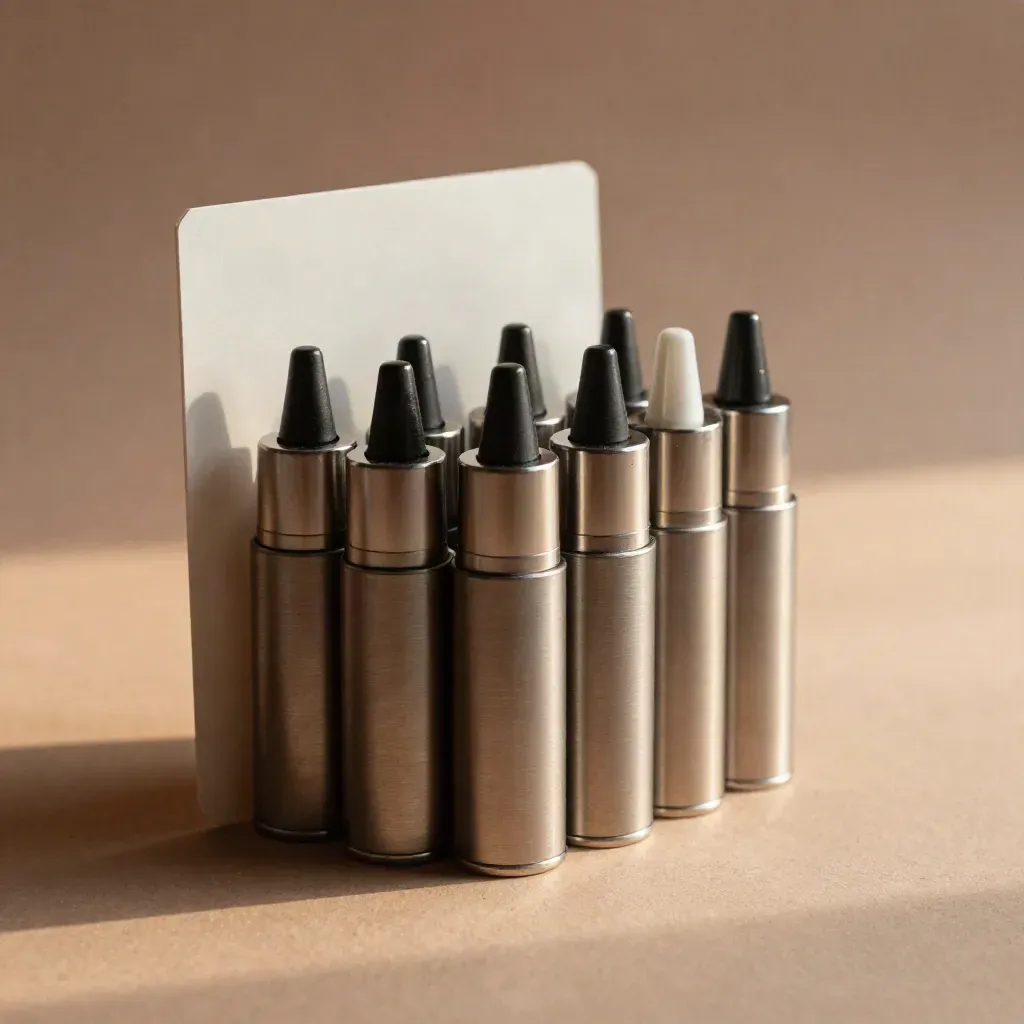 Unlabelled vape bottle cluster with refill tip, silica pouch and gauze on brushed aluminum.