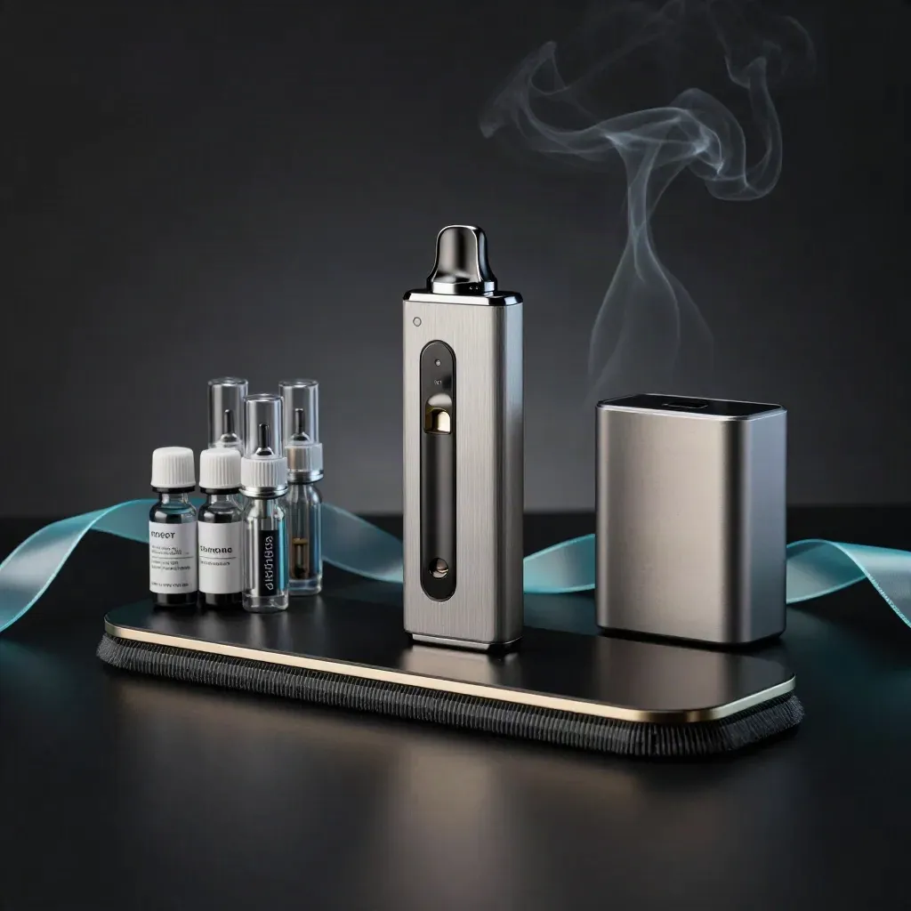 Refillable vape kit, pods, salts, charger and cyan vapor ribbon on a dark studio surface