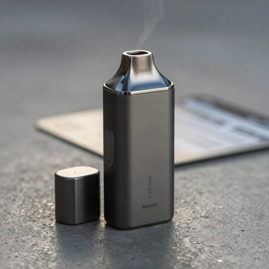 Extreme macro of a matte vape disposable and charger cap on brushed concrete in cold mist.