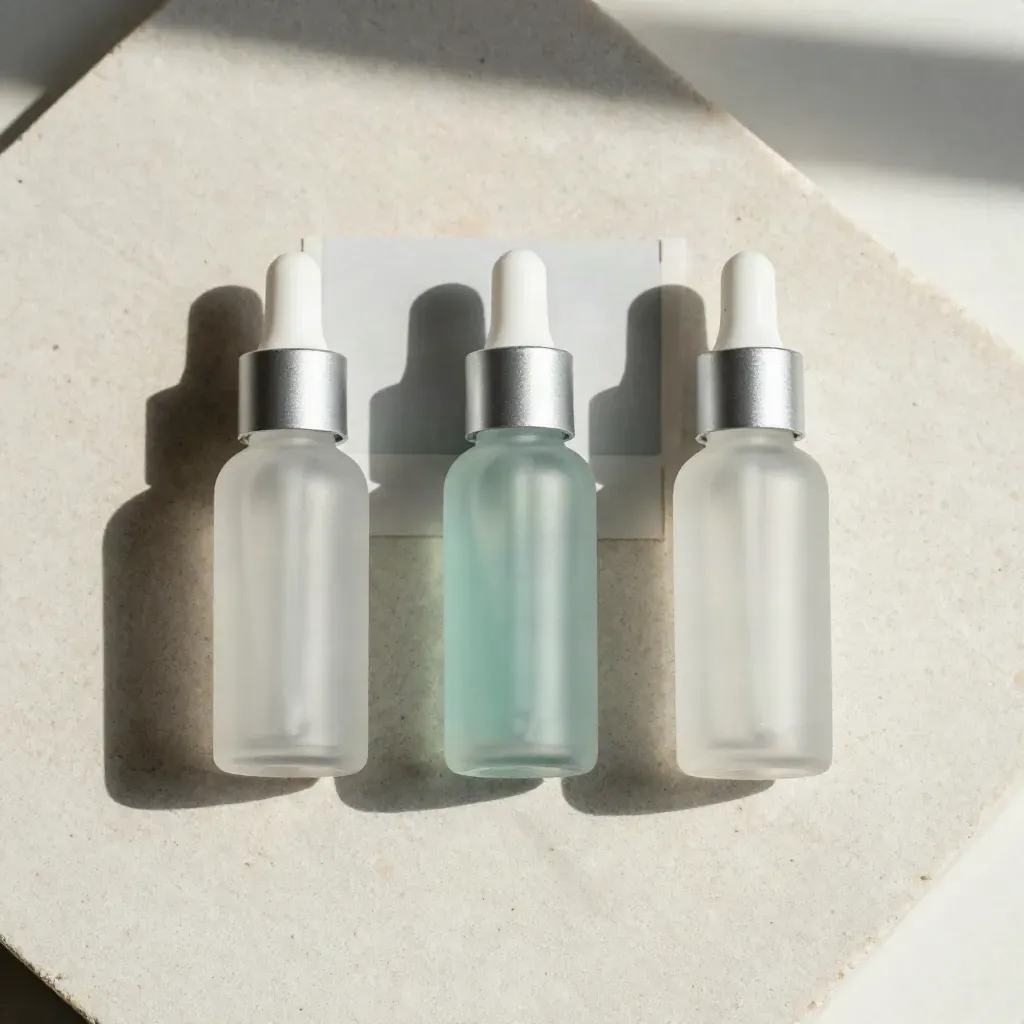 Three unmarked vape bottles and a refill nozzle arranged in a precise flatlay on stone.