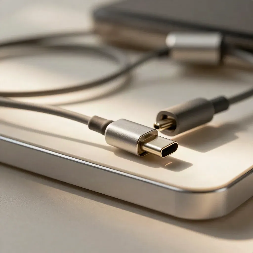 USB-C vape charger with coiled cable and metal plug on pale acrylic, softly lit through haze.