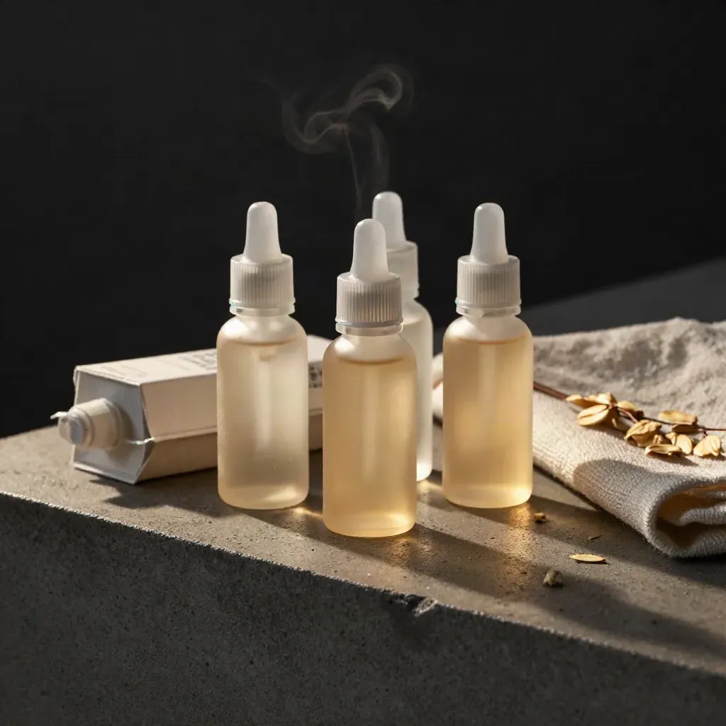 Three unlabelled vape bottles with sleeve and cloth on warm concrete