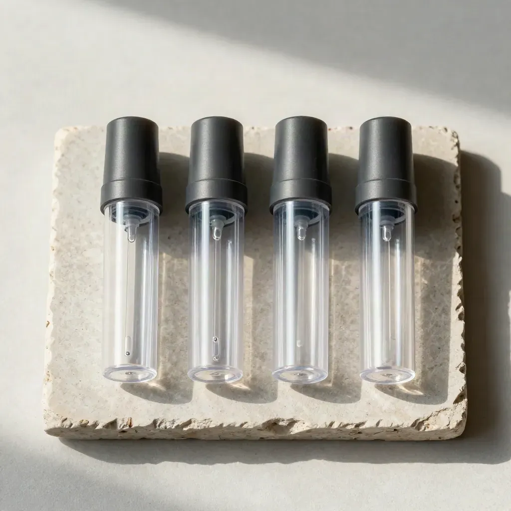 Overhead flatlay of four clear vape replacement pods on pale stone
