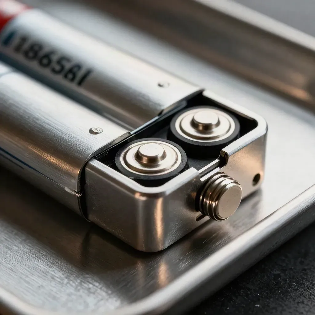 Macro of a brushed aluminum 18650 battery case clasping shut with two cells inside.