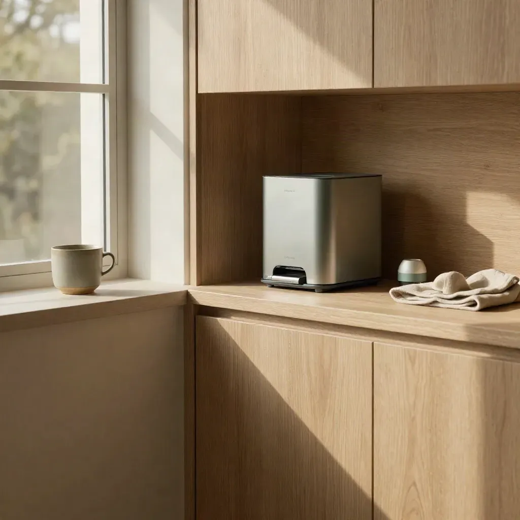 Warm oak niche with refillable kit, linen fold, ceramic cup, and soft window light.