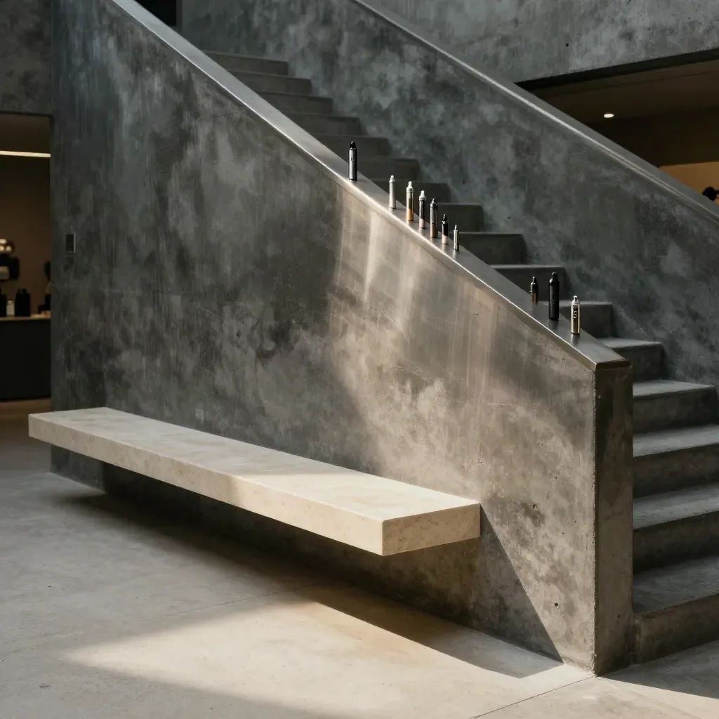 Skylit brutalist stair landing with vape coils and pods, calm lower space for copy